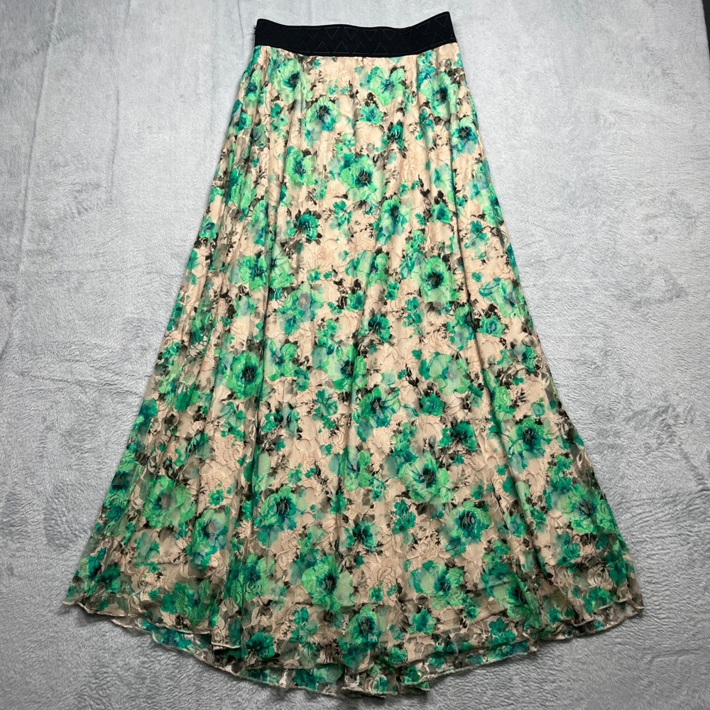 LuLaRoe Lola Maxi Skirt Womens Green Floral Lace Elastic Waist Full Length XS